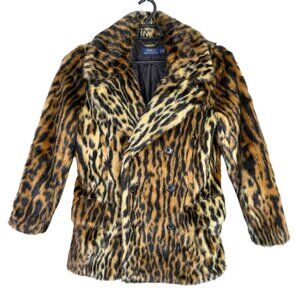 Womens Polo Ralph Lauren Leopard Print Coat Faux Fur Double Breasted Lined S